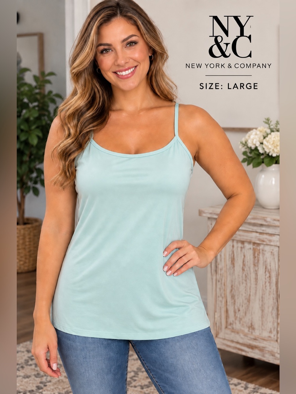 New York & Company Size Large Mint Green Cami Tank Top Adjustable Straps